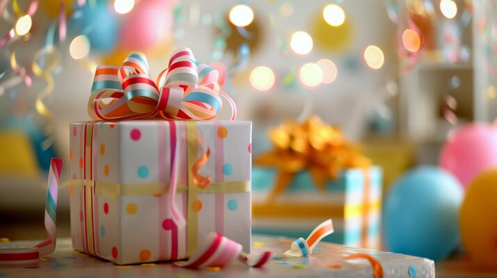 colorful-festive-gift-box-with-ribbon-surrounded-by-balloons-and-streamers-photo